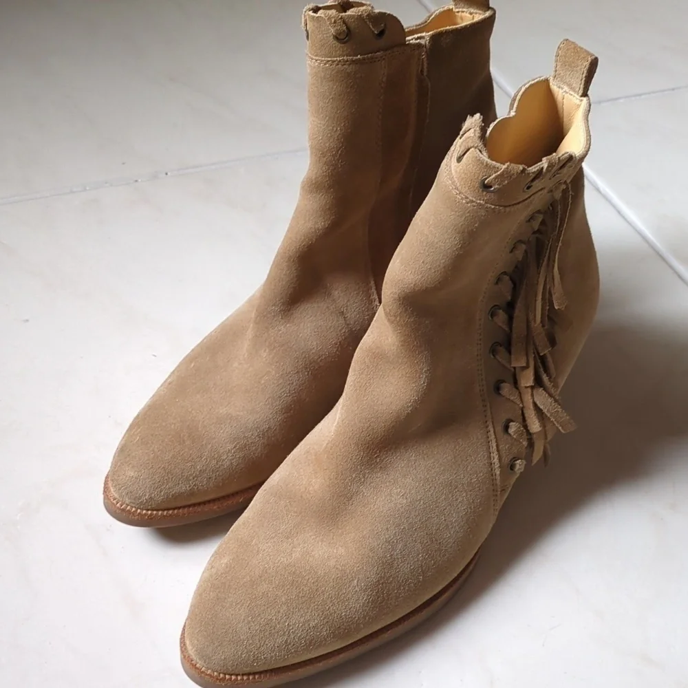 Paul Green Boho Western Fringe Suede Leather Ankle Almond Toe boots US 8.5